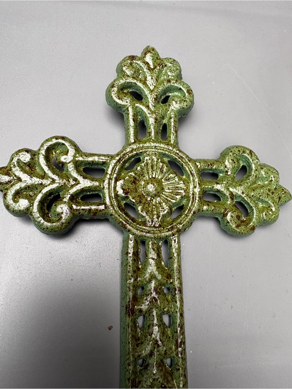 Decorative Green Cast Iron Wall Cross - Rustic Home Accent